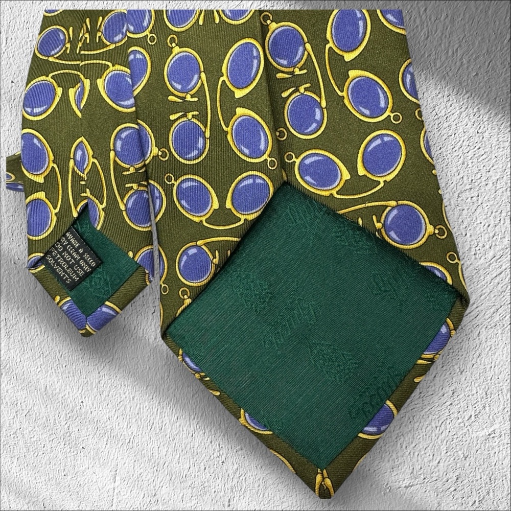 GUCCI Vintage Silk Avocado, Purple & Gold Neck Tie Glasses Spectacles Print - Picture 5 of 13